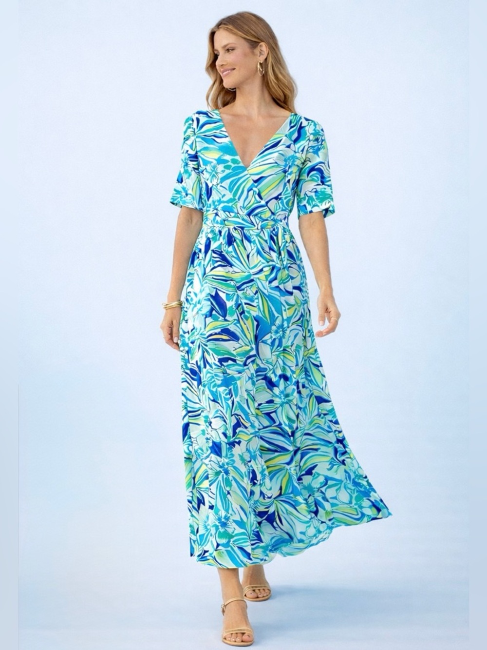 Pappagallo Palm Beach Style Maxi Dress | Blue Green Floral | Faux Wrap | S